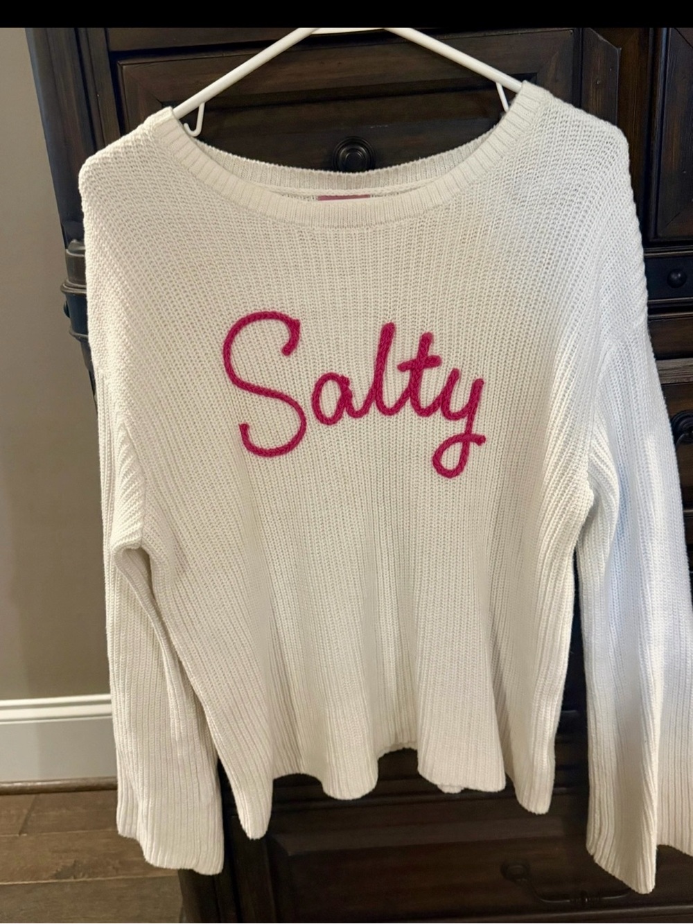 White Crewneck Sweater with Pink "Salty" 3D stitch pullover